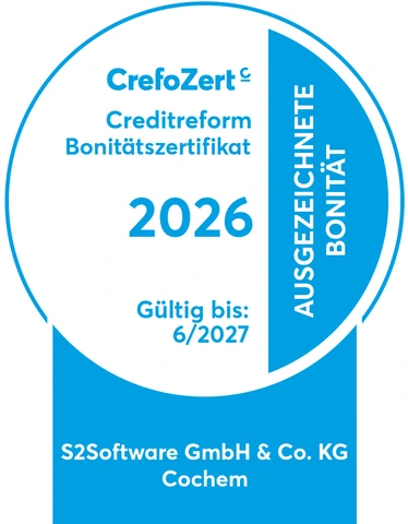 s2-Software GmbH & Co. KG wurde erneut mit dem CrefoZert von Creditreform ausgezeichnet